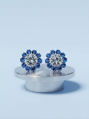 Vintage 90s Swarovski Sapphire & Crystal Floral Stud Earrings Silver-Overlay
